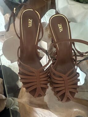 ZARA Brown Strappy Heeled Sandals with Ankle Tie